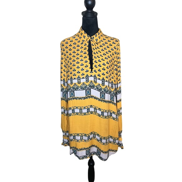 Free People Dresses & Skirts - Free People‎ Flowy Long Sleeve Mini Dress Yellow Print Medium Festival Boho